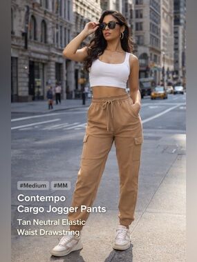 Contempo Cargo Jogger Pants Tan Neutral Elastic Waist Drawstring